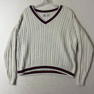 Hollister sweater sz S V neck cable knit white red blue Preppy Tenniscore